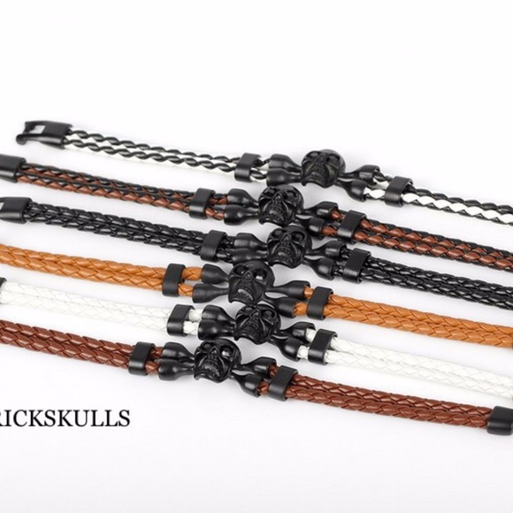 Womens Steel & Leather BROWN Braided Skull & Crossbones Cuff Bracelet 8 1/4” NEW - Picture 4 of 10